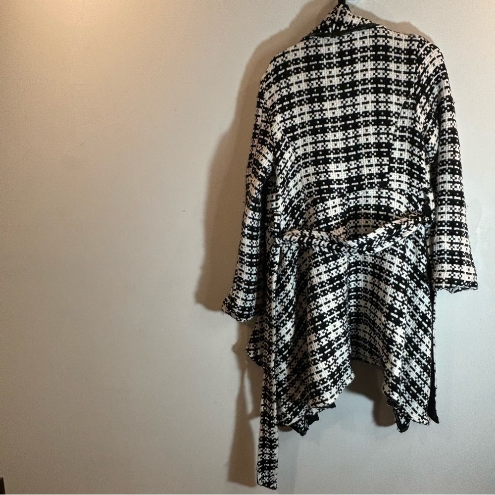 PINK MARTINI Sz L Open Front Houndstooth Belted Trimmed Cascade Lined Jacket - Picture 8 of 10